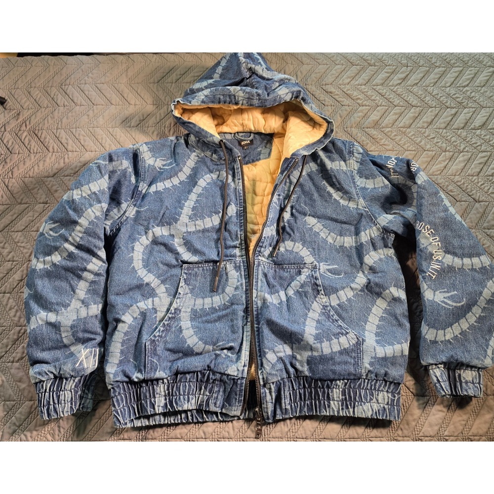 Sora Clothing Centipede Bleach Wash Denim Work Jacket Blue Quilted Lined Large